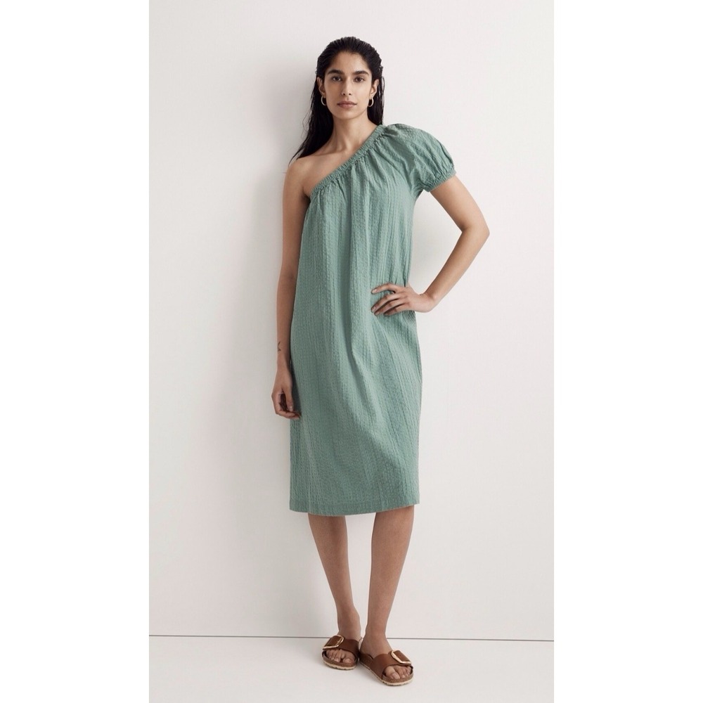 Madewell Seersucker One Shoulder Puff Sleeve Midi Dress Size XL